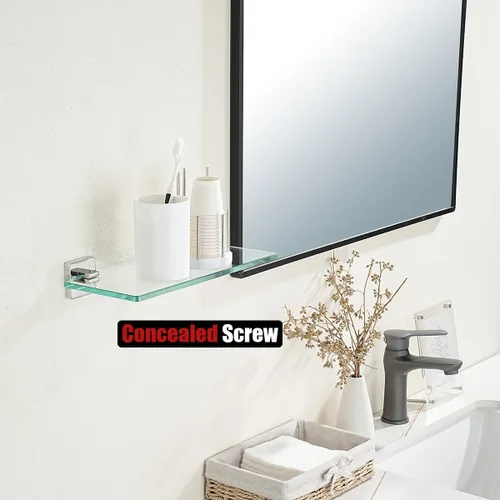 Miniatura 5 de JQK Estante de cristal para baño cromado, almacenamiento de ducha de vidrio templado de 12 x 5 pulgadas, montaje en pared cromado pulido de acero