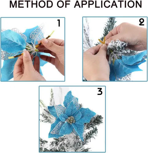 Miniatura 3 de Jim's Cabin Paquete de 12 flores de Pascua artificiales con purpurina para adornos de árbol de Navidad, mariposas y decoraciones doradas (azul)