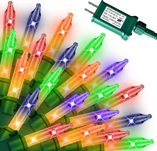 Miniatura 9 de Luces de cadena navideñas mini de 100 unidades en morado y verde, con certificación UL, equipadas con 8 modos de iluminación, perfectas para patios