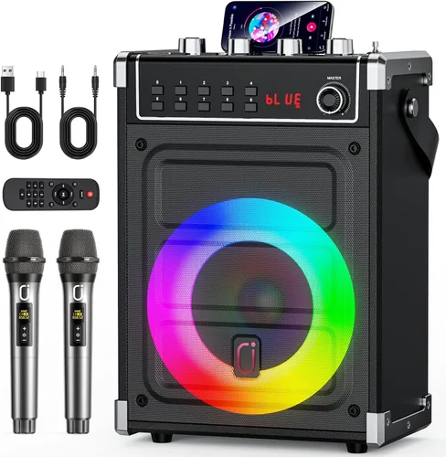 JYX - Máquina de karaoke con 2 micrófonos inalámbricos, altavoz Bluetooth portátil con ajuste de graves/agudos y luz LED, compatible con TWS,