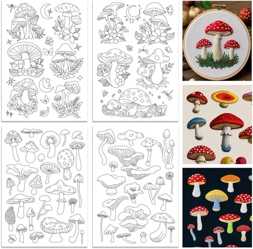 ORIGACH 4 Hojas Grandes de Estabilizadores de Patrones de Bordado Solubles en Agua - Estabilizadores de Costura a Mano Preimpresos de Hongo, Luna,