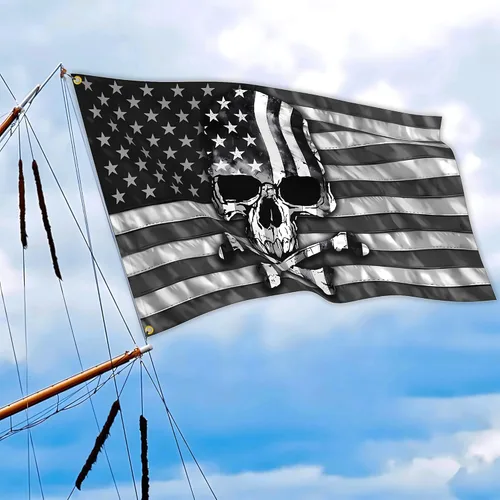 Miniatura 4 de Bandera de calavera pirata de 3 x 5 pies, divertidas banderas estadounidenses en blanco y negro y bandera de barco con huesos cruzados para Bandera
