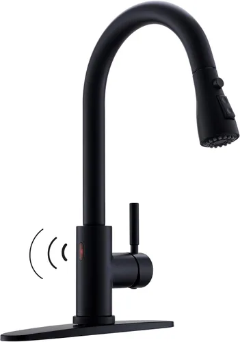 WEWE Grifo de Cocina Negro, Grifo de Cocina Sin Contacto con Pulverizador Extraíble - Grifo de Cocina de Una Sola Manija Negro Mate Activado Sin
