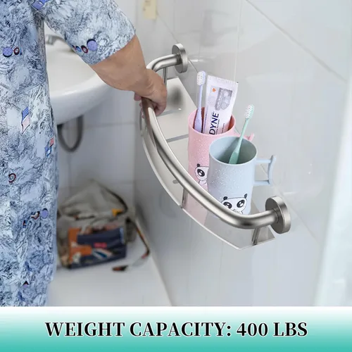Miniatura 3 de Barra de seguridad de níquel cepillado de 18 pulgadas con estante de almacenamiento para bañera o ducha, orificios de drenaje, acero inoxidable