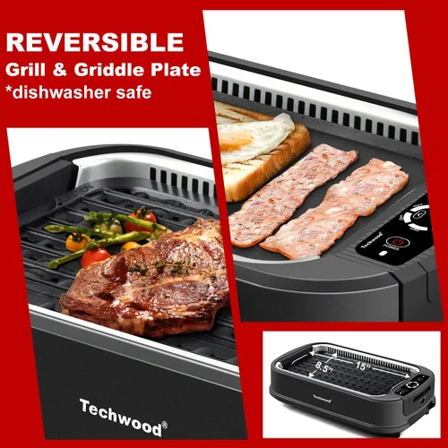 Miniatura 3 de Techwood - Parrilla eléctrica para interiores sin humo, parrilla de barbacoa coreana con tapa de vidrio, tecnología de extractor de humo turbo, Negro
