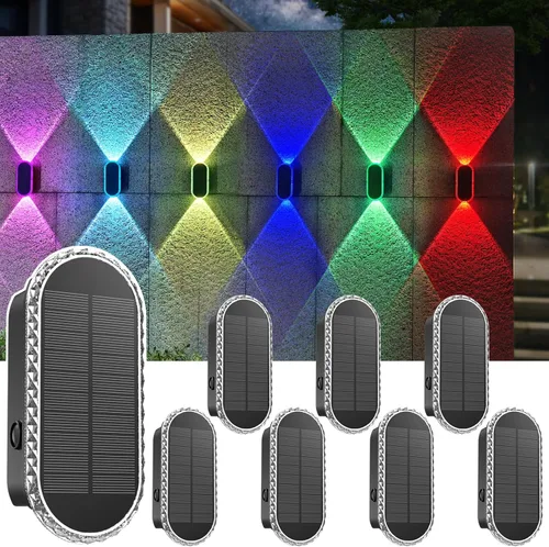 LIANGLOME Paquete de 8 luces solares para valla al aire libre, luz solar para exteriores, luz blanca cálida y luces RGB para patio trasero, patio,