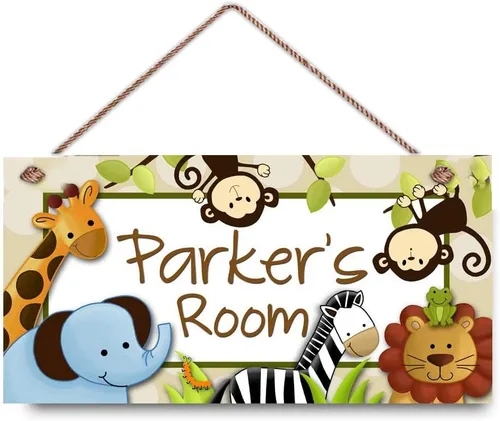 Cartel de animales de la selva para niños, nombre personalizado, letrero de plástico de montaje en pared de 5 x 12.5 pulgadas, estilo moderno,