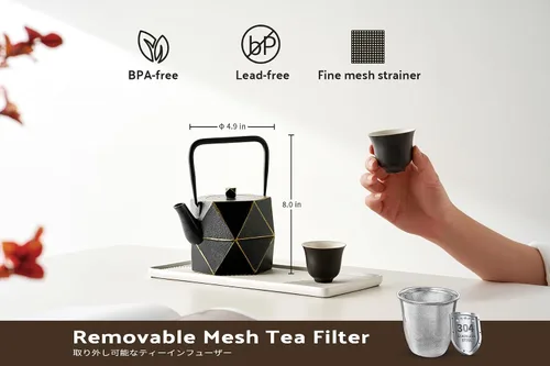Miniatura 4 de Toptier Tetera de Hierro Fundido, Tetera de Té Japonesa de Hierro Fundido Segura para Estufa, Tetera de Diseño de Diamante con Infusor Removible