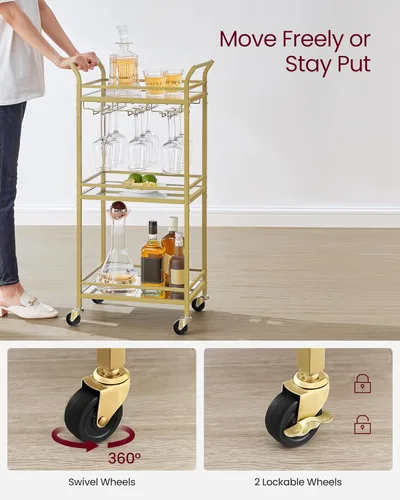 Miniatura 7 de VASAGLE Carrito de Bar, Carrito de Servicio de Bar para el Hogar, Carrito de Servicio de Bar Pequeño con Estante de 3 Niveles, Portabotellas