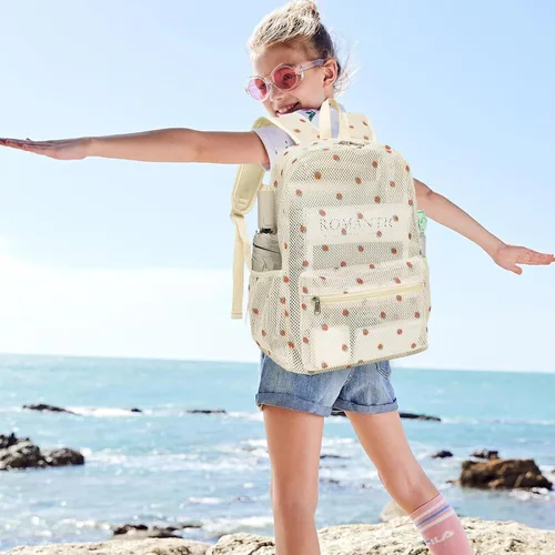 Miniatura 2 de CAMTOP Mochila de malla para niños y niñas, mochila transparente para preescolar, mochila casual para escuela, playa, viajes, deportes (fresa beige)