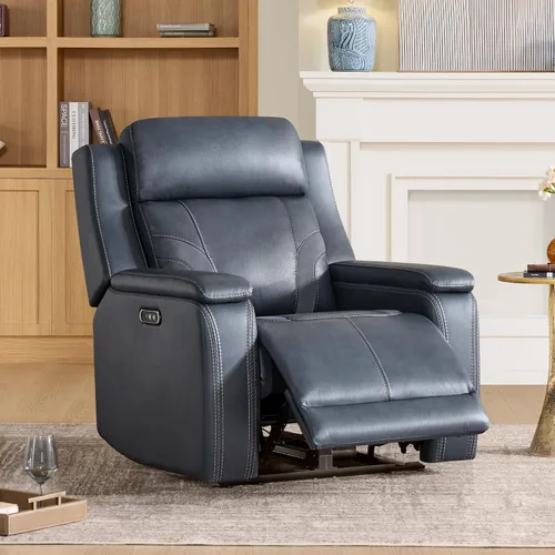 Miniatura 4 de Watson & Whitely Sillas reclinables eléctricas de cuero genuino para adultos, sillón reclinable completamente plano con apoyacabeza eléctrico y Azul