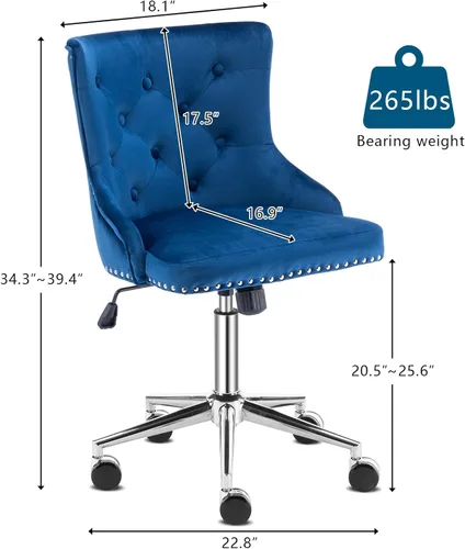 Miniatura 2 de VINGLI Silla de Escritorio de Terciopelo Azul Marino sin Brazos para Oficina en Casa con Base/Ruedas Doradas, Linda Silla de Tocador/Maquillaje
