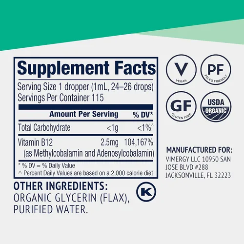 Miniatura 5 de Vimergy Suplemento orgánico de vitamina B12 líquida USDA de 2500 mcg, metilcobalamina y adenosilcobalamina de absorción rápida, vitaminas B12