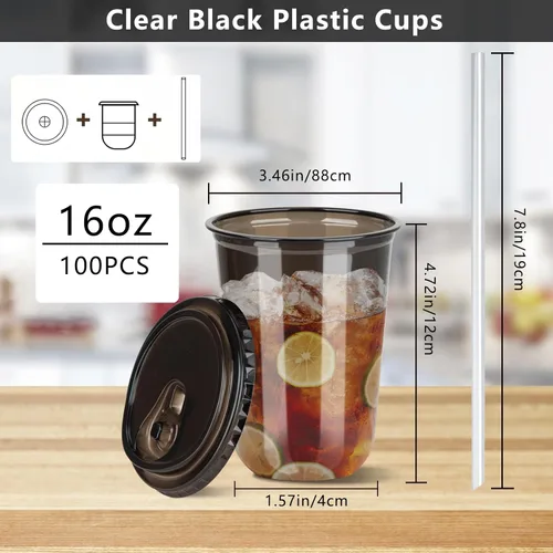 Miniatura 2 de 100 juegos de vasos de plástico desechables de 16 onzas sin tallo con tapas para sorber sin pajilla, tazas de café PET transparentes para café
