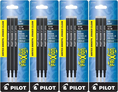 PILOT FriXion - Recambios de tinta de gel para bolígrafos borrables, punta fina, tinta negra, paquete de 4 unidades de 3 reffils cada uno (77330)