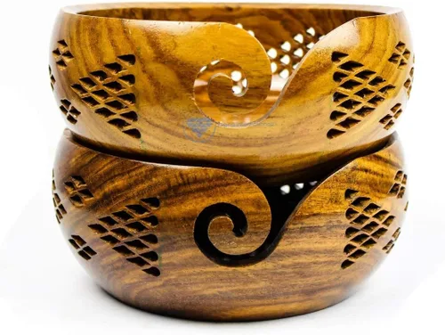 Miniatura 9 de Nagina International Cuencos de almacenamiento de hilo hechos a mano de palisandro prémium con parrillas decorativas talladas hechas a mano