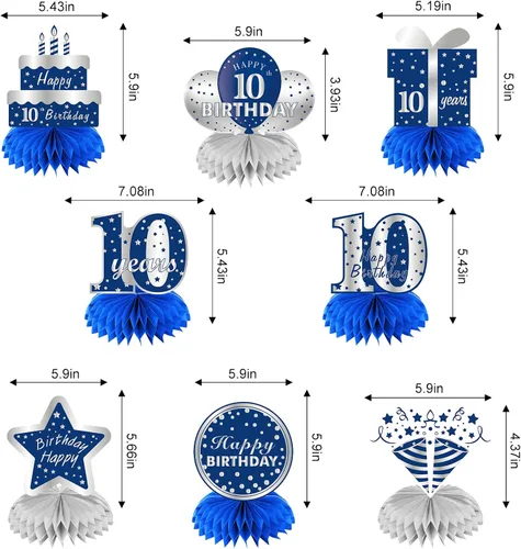 Miniatura 2 de 8 centros de mesa de panal azul plateado para décimo cumpleaños de niños, suministros de fiesta de cumpleaños para decoración de mesa, decoración