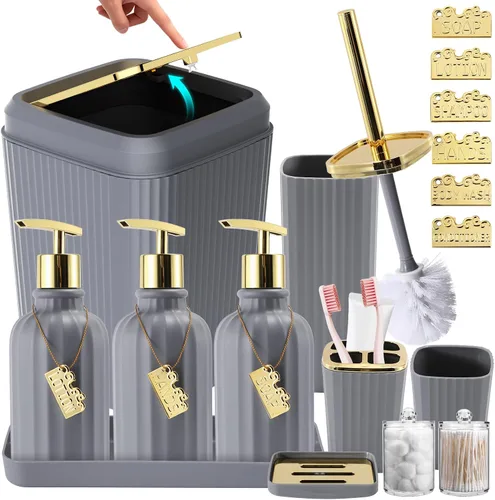 Miniatura 44 de 21PCS Bathroom Sets with Shower Curtain and Rugs Bathroom Accessories Set Beige Bathroom Set Complete with Trash Can, Toilet Brush, Qtip Holder &