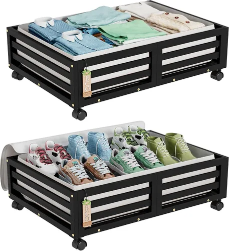 Wisuce Contenedores de Almacenamiento de Bambú Bajo la Cama - Organizador Bajo la Cama con Ruedas con Bolsa Grande Antipolvo, Organizador Cajón de