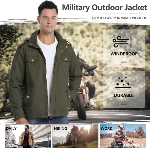 Miniatura 5 de Chaqueta militar para hombre, casual, de algodón, ligera, rompevientos con capucha extraíble