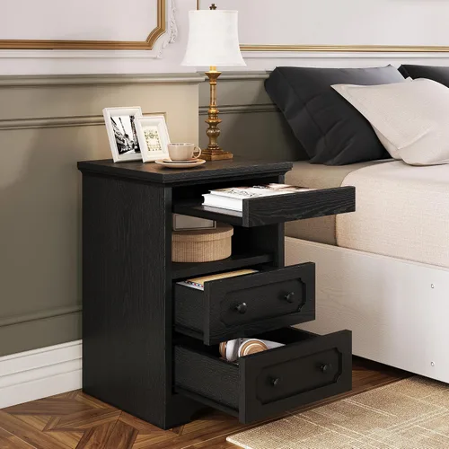Miniatura 8 de Mesita de noche LIKIMIO, mesa de noche moderna con 2 cajones, estante abierto, mesa auxiliar con bandeja extraíble, mesa auxiliar de madera