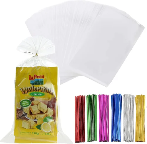 200 bolsas de celofán planas de celofán de 7 x 12 pulgadas con lazos torcidos de 6 colores, embalaje de galletas, dulces, postres de regalo, bolsas