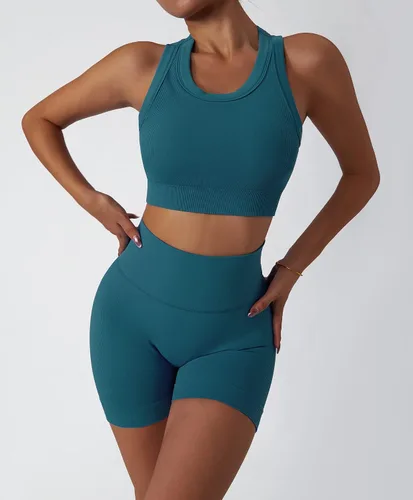 Miniatura 92 de Conjuntos de entrenamiento para mujer, 2 piezas, sin costuras, acanalada, sin mangas, brasier deportivo, cintura alta, pantalones cortos