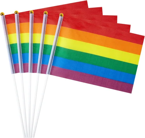 Miniatura 10 de GentleGirl Paquete de 12 banderas de arco iris del orgullo asexual, pequeñas banderas de mano gay LGBT Festival Fiesta Desfiles Decoraciones