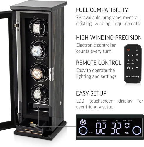 Miniatura 2 de Classic-4 - Soporte para 4 relojes automáticos con retroiluminación LED, pantalla táctil LCD y compartimento de almacenamiento
