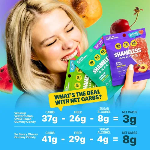 Miniatura 4 de Shameless Snacks - Gomitas keto bajas en carbohidratos sin gluten - Melocotón, sandía, cereza osada