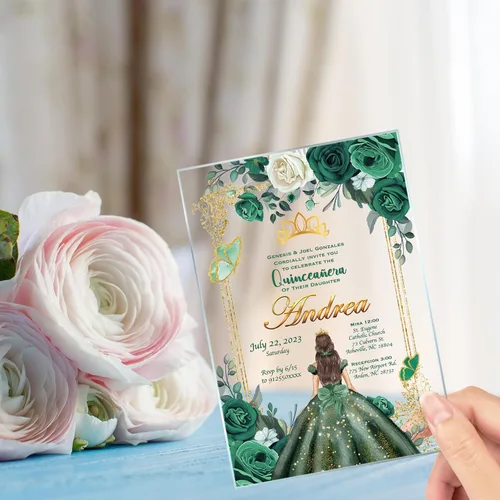 Miniatura 3 de Avior Invitación de quinceañera Vestido verde esmeralda Invitación de vidrio acrílico, Mis Membrillo, Dulce 15, Dulce 16, Diseño floral, xv anos, 15