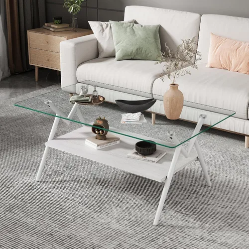 Miniatura 19 de Mesa de centro moderna rectangular con tapa de vidrio templado con estante de madera para el hogar, sala de estar, oficina, tienda o dormitorio