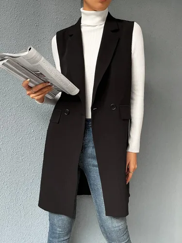 Miniatura 7 de SheIn Chaleco largo con doble botonadura frontal abierta para mujer sin mangas largo para exteriores con bolsillos