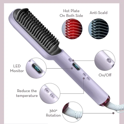 Miniatura 8 de Cepillo alisador de cabello - Calor rápido, iones negativos, cabello liso sin encrespamiento para mujeres ocupadas - Púrpura real