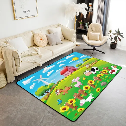 Alfombra decorativa de 4 x 5 pies con diseño de cerdo y pollo y perro, alfombra de sala de estar de animales de granja para decoración rústica de