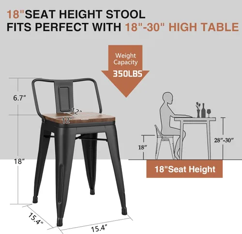 Miniatura 3 de Changjie Furniture - Juego de 4 sillas altas de metal con diseño industrial para barra de cocina o bar con respaldo bajo, Metal, Negro, 18 pulgadas