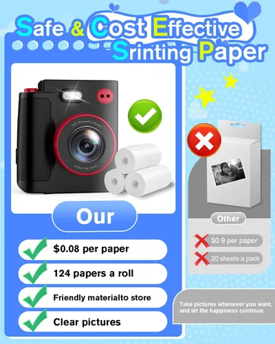 Miniatura 8 de Cámara de impresión instantánea para niños, cámara digital negra clásica para niños de 3 a 12 años, 1080P HD con tarjeta SD de 32 GB, modo selfie