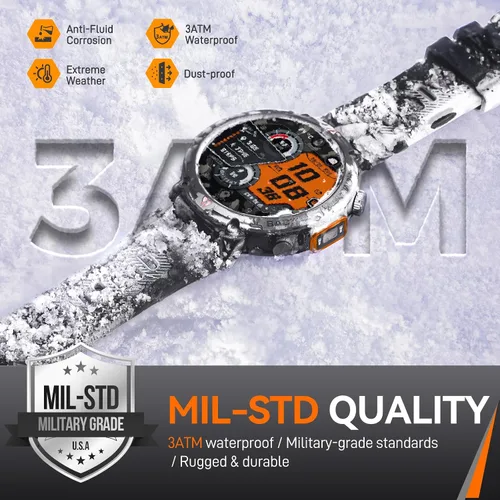 Miniatura 4 de Foxhawk Reloj inteligente militar para hombre, 1.45 pulgadas, resistente GPS, reloj inteligente táctico con brújula linterna LED, reloj de fitness