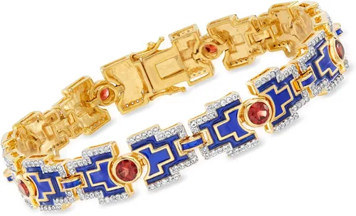 Ross-Simons 280 ct tw Garnet and 190 ct tw White Topaz Bracelet With Blue Enamel in 18kt Gold Over Sterling