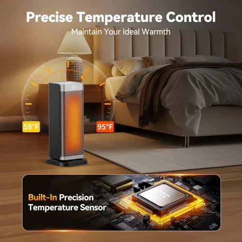 Miniatura 3 de Calentadores de espacio para uso en interiores, calentador eléctrico de 1500 W con termostato, oscilación de 70°, control remoto, 3 modos, Plateado