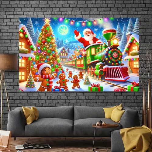 Miniatura 3 de BlissYard Telón de fondo de tren de Papá Noel, 71 x 43 pulgadas, pancarta de escena de Navidad de pan de jengibre, fondo de fotos para fiestas