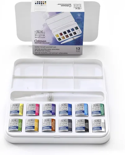 Winsor & Newton - Cotman - Juego de acuarelas, 12 medias pastillas y pincel