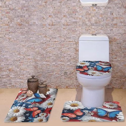 Miniatura 2 de HUGS IDEA Alfombra de baño, alfombra de baño, alfombra de baño, diseño de bandera estadounidense, mariposa, floral, juego de tapetes de baño