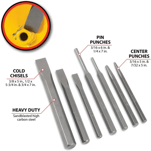 Miniatura 3 de Performance Tool W760 - Juego de punzón y cincel de 7 piezas, acero de alto carbono, ideal para metalurgia