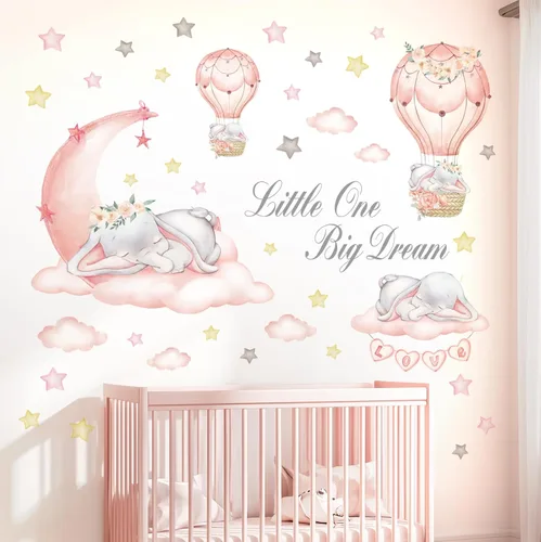 DECOWALL Calcomanías de pared Dream Big Little One – Calcomanías de pared de luna y estrellas de elefante, despegar y pegar, extraíble, decoración