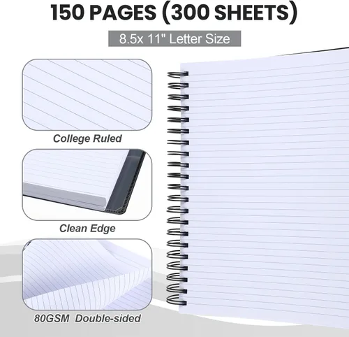 Miniatura 5 de Yeaqee 2 Pack 3 Subject Notebook College Ruled 8.5 x 11, 300 Pages (150 Sheets) 3 Subject Black Spiral Notebook with Tabs, Pocket Dividers Multi