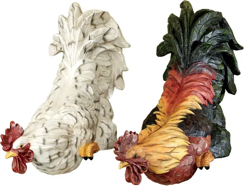 Touch of Class Content - Juego de dos estantes de gallo – Resina – Verde, Naranja, Amarillo, Blanco, Negro – Esculturas decorativas Chanticleer para