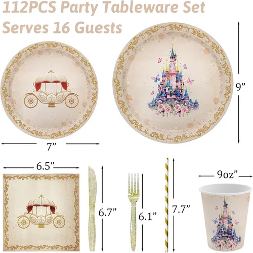 Miniatura 3 de AIBIIN 112 PCS Platos de Fiesta de Princesa, Decoraciones de Cumpleaños de Princesa, Juego de Vajilla de Fiesta de Princesa de Érase Una Vez