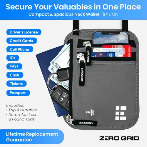 Miniatura 29 de Cartera para el cuello para viajes y pasaporte con bloqueo RFID, delgada y fácil de ocultar, bolsa de viaje de nailon para hombres y mujeres