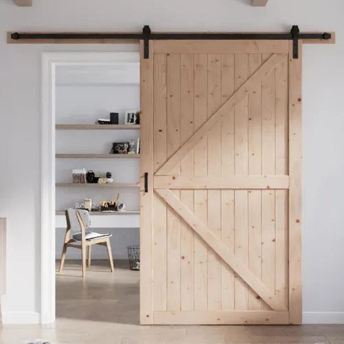 Miniatura 9 de FREDBECK - Puerta de granero de madera de 48 x 84 pulgadas con kit de herrajes para puerta de granero de 8 pies incluido, forma K, panel de abeto